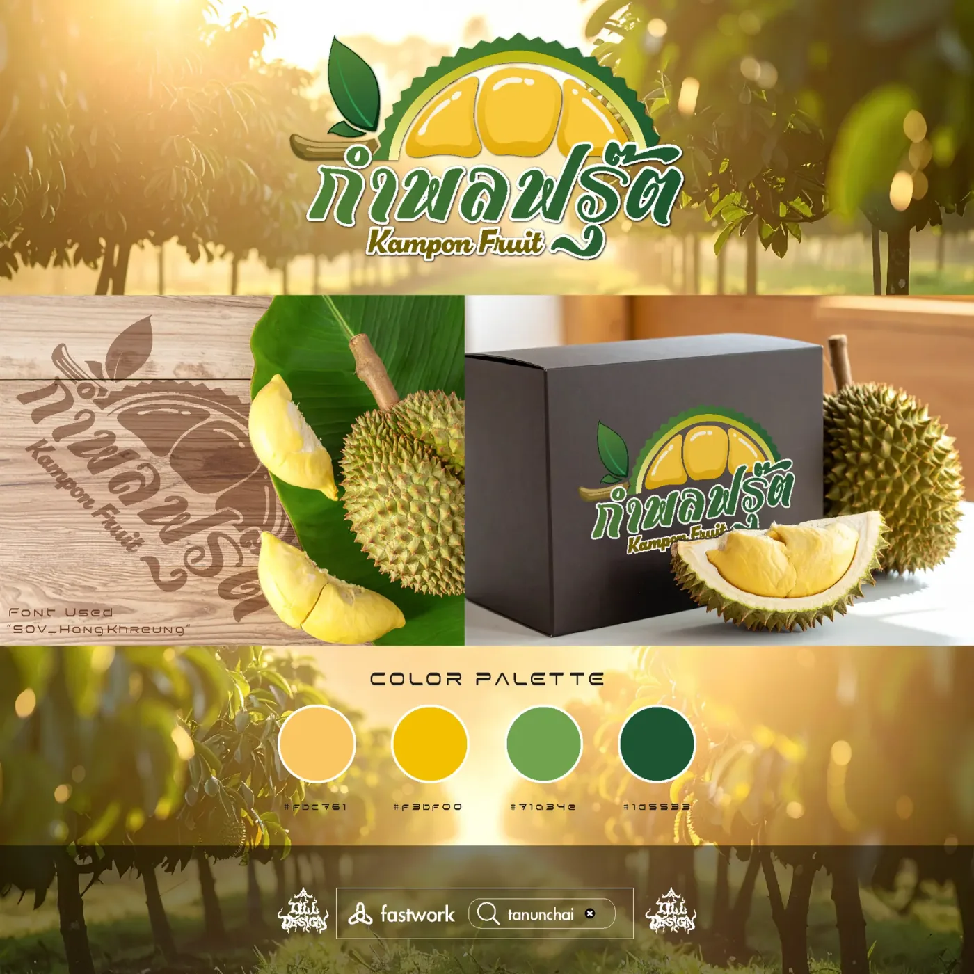 ภาพรวมงานออกแบบโลโก้และอัตลักษณ์แบรนด์ กำพลฟรุ๊ต รับซื้อทุเรียน